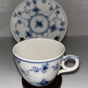 Royal Copenhagen Blue Fluted Plain Cup & Saucer -Denmark- Hand Painted Porcelain